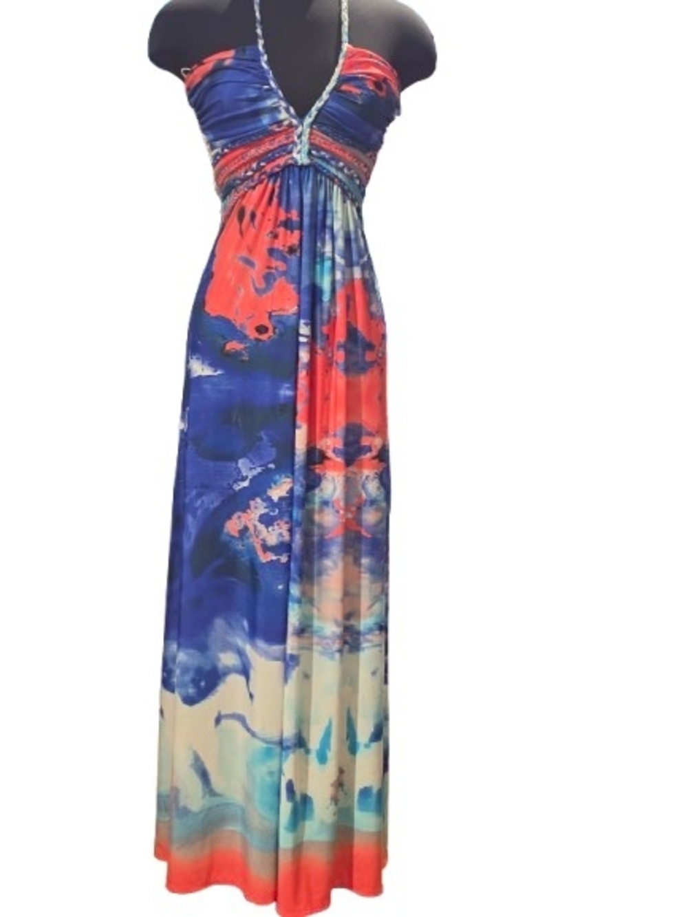 Cynthia Rowley Blue and Coral Halter Maxi Dress SZ M image 4